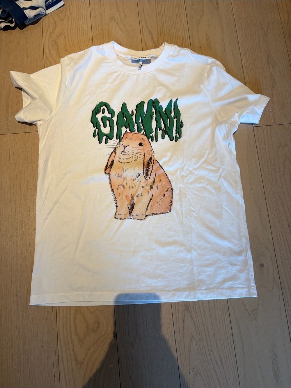 Ganni White Tee with Orange Bunny and Green Logo